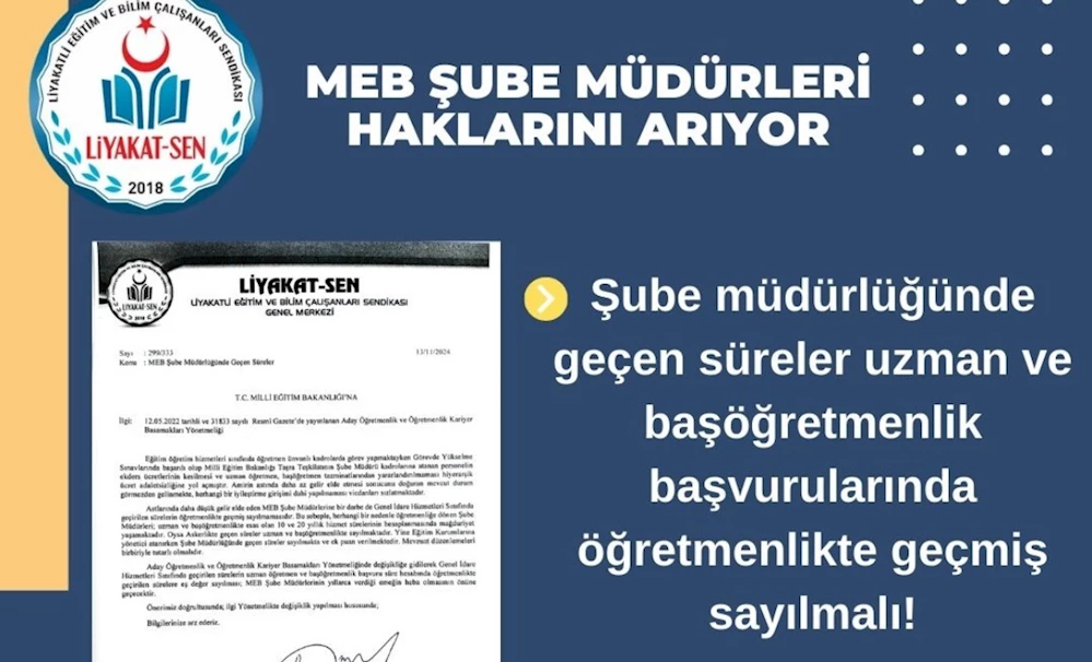 MEB Şube Müdürlüğünde Geçen Süreler Öğretmenlikte Geçmiş Sayılmalı